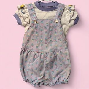 Vintage Liberty Floral Overalls + Matching Ruffle Shoulder Ringer Tee Set | 24M